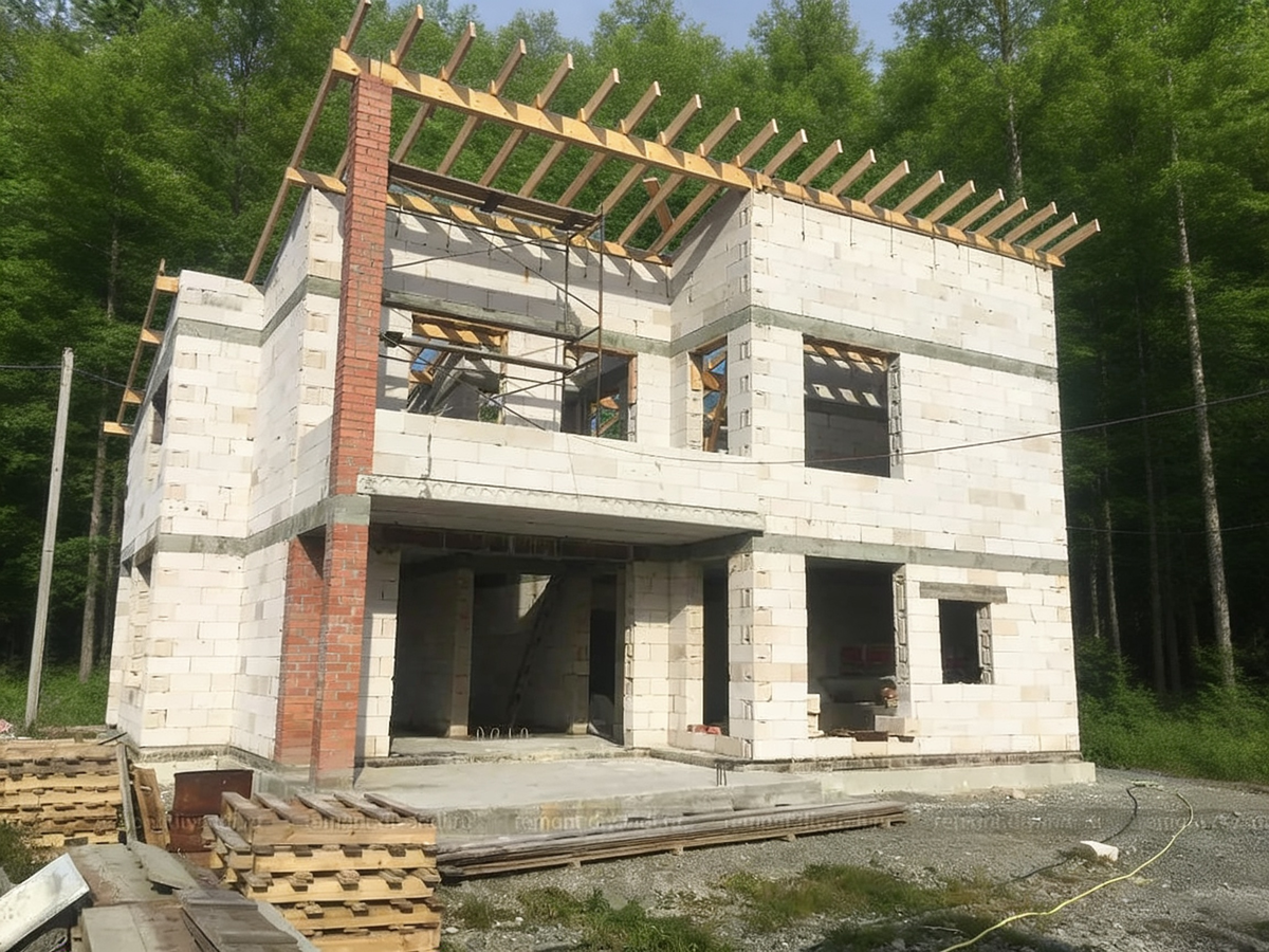 📸 Вот так выглядит двухэтажный дом из газобетона. Здесь уже нельзя брать D400 — нагрузка слишком большая. D500 с армопоясом — минимальный выбор. На фото — объект, где я настоял на D500.