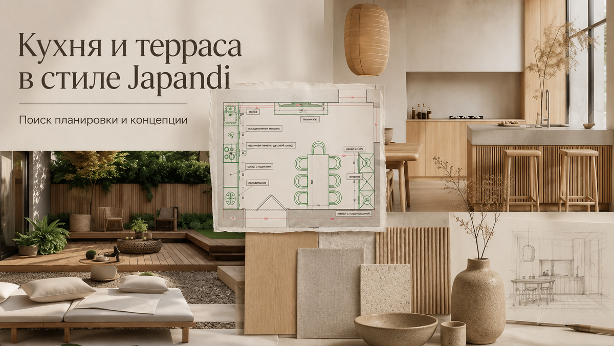 Кухня и терраса в стиле Japandi: обложка-коллаж