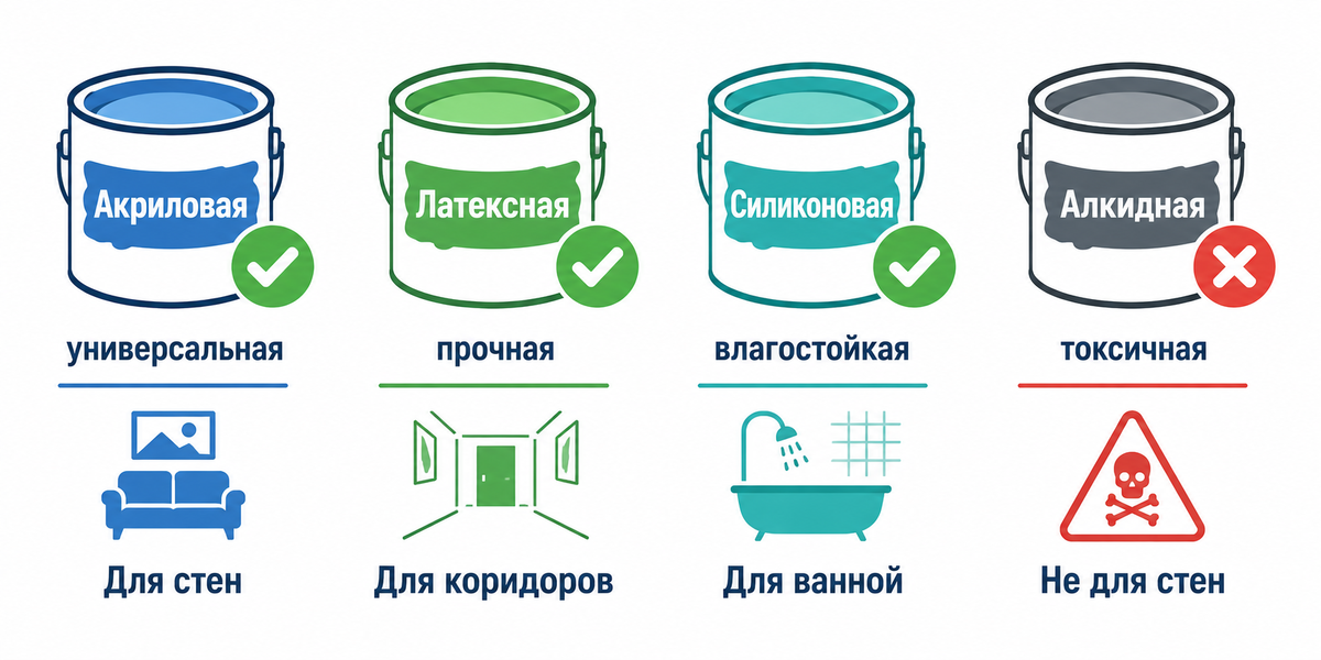 «Какую краску выбрать для стен? Акриловая — универсальный вариант, силиконовая — для ванной, латексная — для коридоров.»