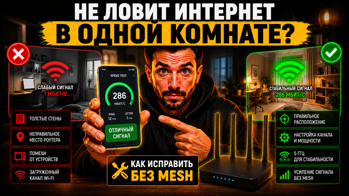 Wi‑Fi в одной комнате не работает — как усилить сигнал без mesh: перестановка роутера, каналы 2.4/5 GHz и повторители сети.