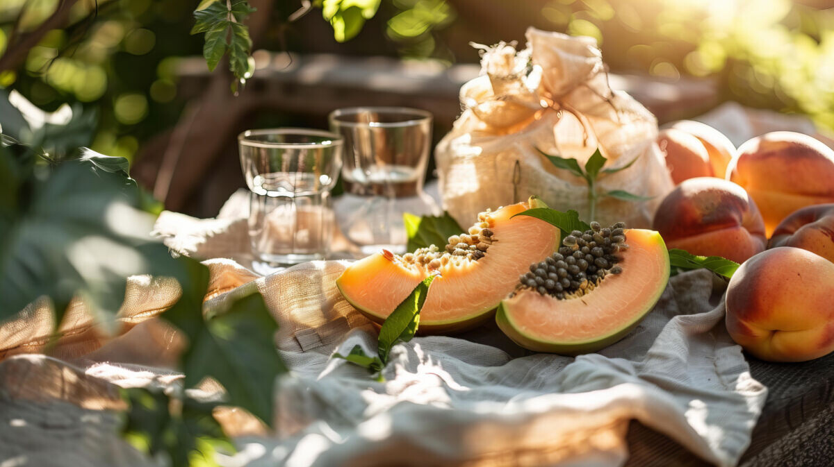    Stock photo of a table with a linen cloth on which there is a sliced papaya. A bag of peaches is placed next to them, water in glass cups and some green leaves are scattered on part of the cloth. Sunlight shines from above. This scene creates a warm atmosphere that makes people feel relaxed and comfortable. --ar 16:9 --style raw Ксения Кузнецова