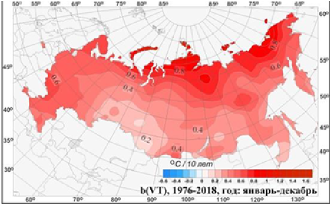 Рис .1. Коэффициент линейного тренда среднегодовой и средних сезонных значений температуры приземного воздуха на территории России за период 1976-2018 гг(0С/10 лет)