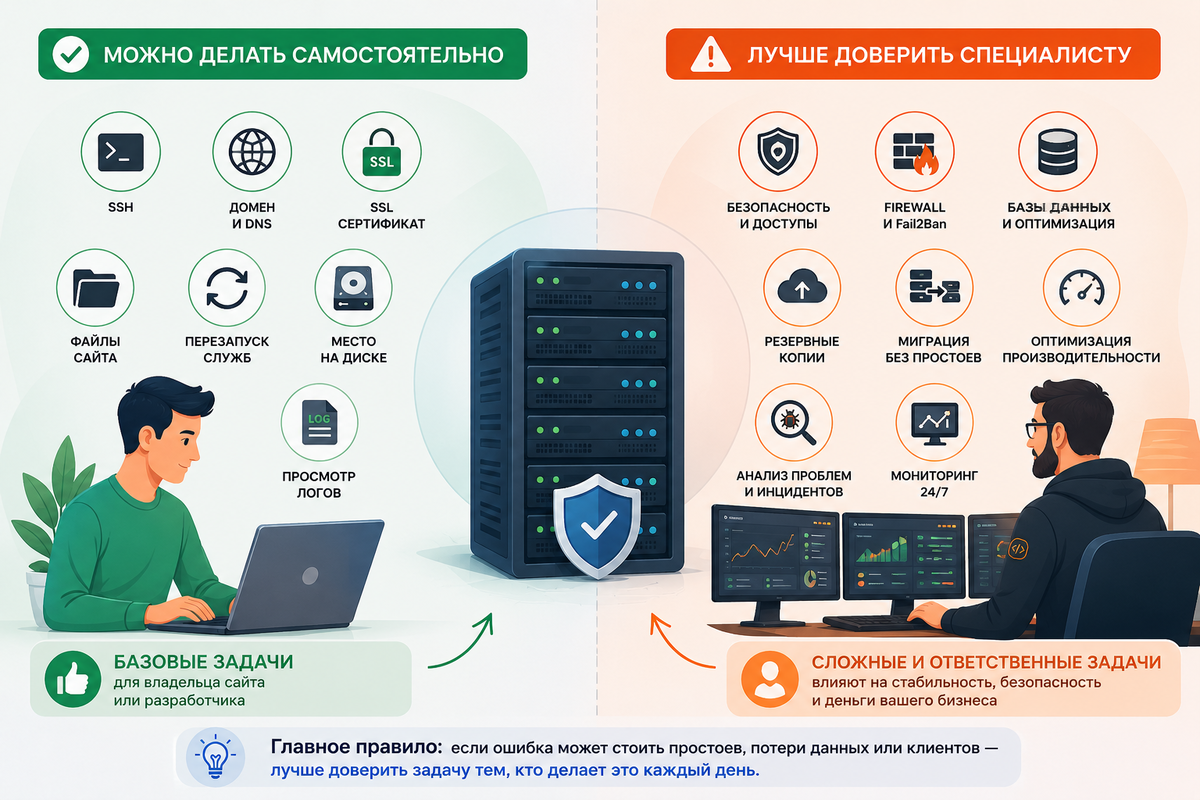 Часть задач с VPS можно выполнять самостоятельно, но безопасность, бэкапы и оптимизацию лучше доверять специалистам.