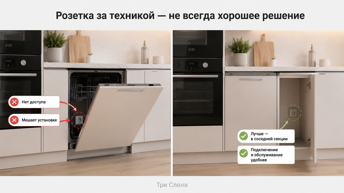 Пример неудачного расположения розеток за мебелью