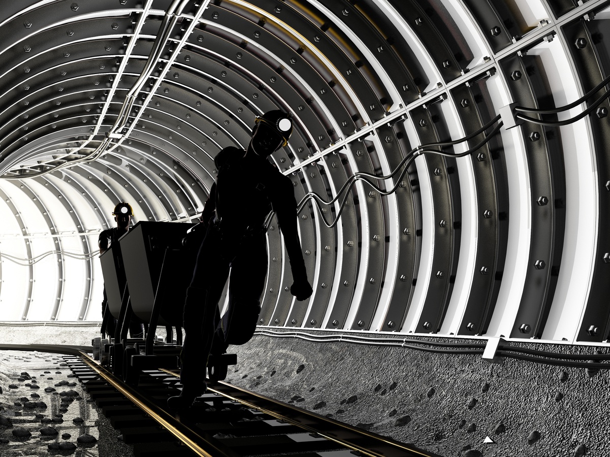    Miners with a wheelbarrow in the mine., 3d render
