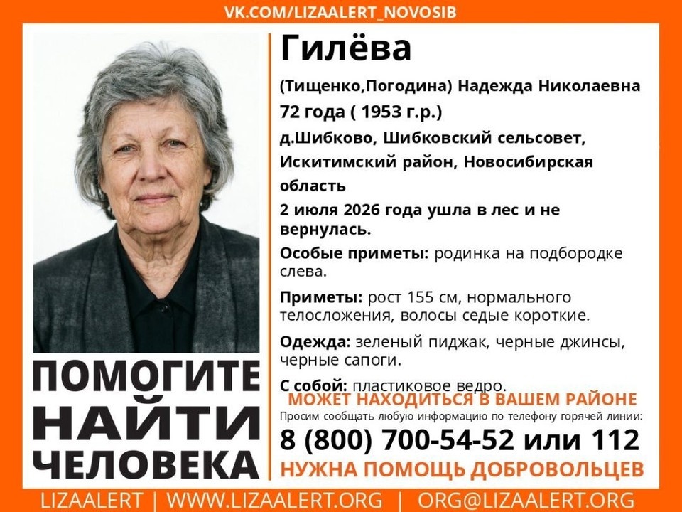    Пенсионерку ищут в деревне Шибково с 2 июля. Фото: ЛизаАлерт по Новосибирской области.