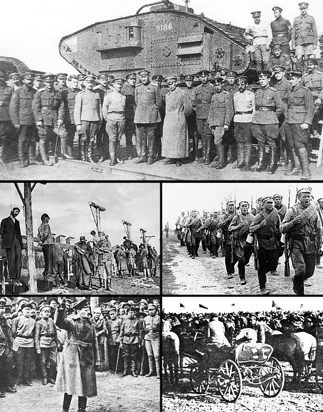 Сверху вниз, слева направо: Вооружённые силы Юга России в 1919 году.Повешение австро-венгерскими войсками рабочих Екатеринослава во время австро-германской оккупации России в 1918 году.Пехота Красной армии на марше в 1920 году.Председатель Революционного военного совета Л. Д. Троцкий произносит речь перед солдатами Красной армии в 1918 году. Тачанка Первой Конной армии С. М. Будённого