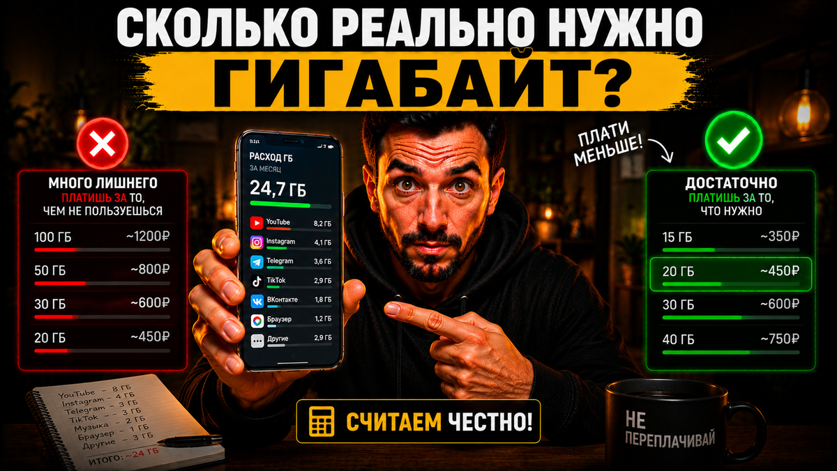 Выбираем подходящий пакет гигабайт — считаем расход трафика и подбираем тариф без переплат.