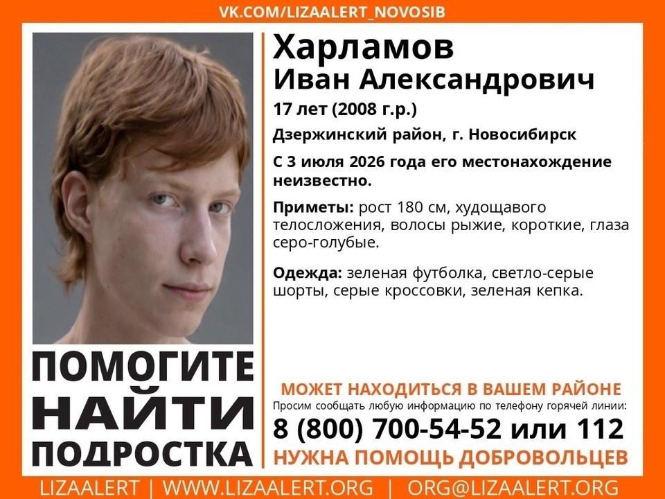   Подросток с рыжими волосами пропал в Дзержинском районе Новосибирска. Фото: пресс-служба «ЛизаАлерт» по Новосибирской области.
