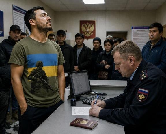    «Я хожу в чём хочу!»: Мигрант в футболке с изображением символики ВСУ пришёл за патентом в МВД и нарвался на штраф