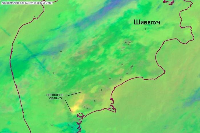 Пепловое облако от вулкана Шивелуч достигло столицы Камчатки. Фото © Telegram / KVERT ИВиС ДВО РАН