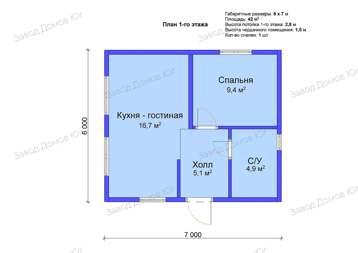 Пятно застройки 6×7 метров помещается даже на узком участке 