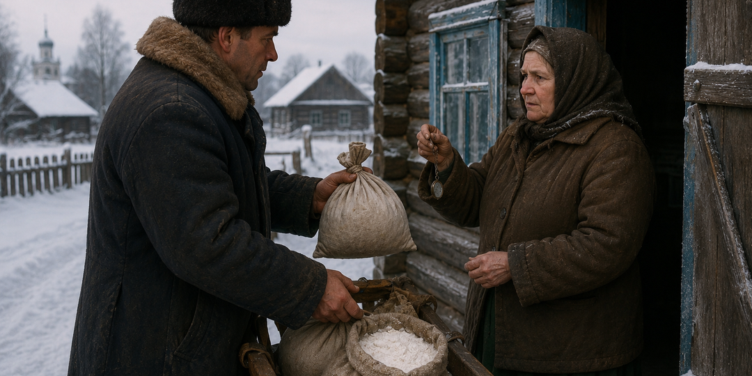 Ты — деревенский спекулянт зимой 1943 года. Пока другие голодают, ты меняешь соль и муку на последние семейные ценности соседей
