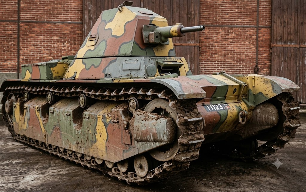 Танк поддержки пехоты АМХ 38, собственной персоной. Фотография находится в свободном доступе, раскрашена при помощи нейросети.