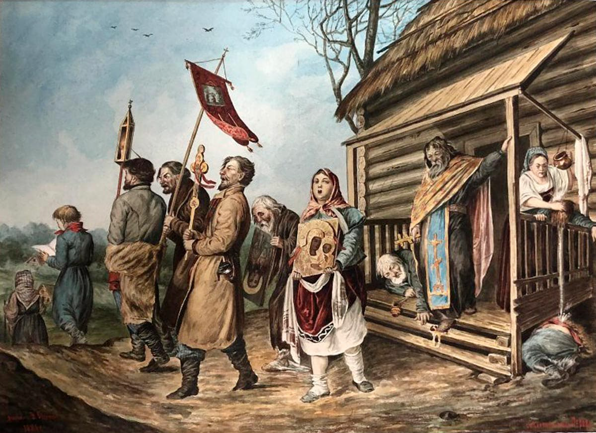 Рис. 1. В. Г. Перов «Сельский крестный ход на Пасху», 1861: пьяный поп в невменяемости раздавил пасхальное яйцо, дедок несёт икону вверх тормашками, а что-то голосящая девица со спущенным чулком вообще потеряла ориентацию в пространстве. Открытые источники.