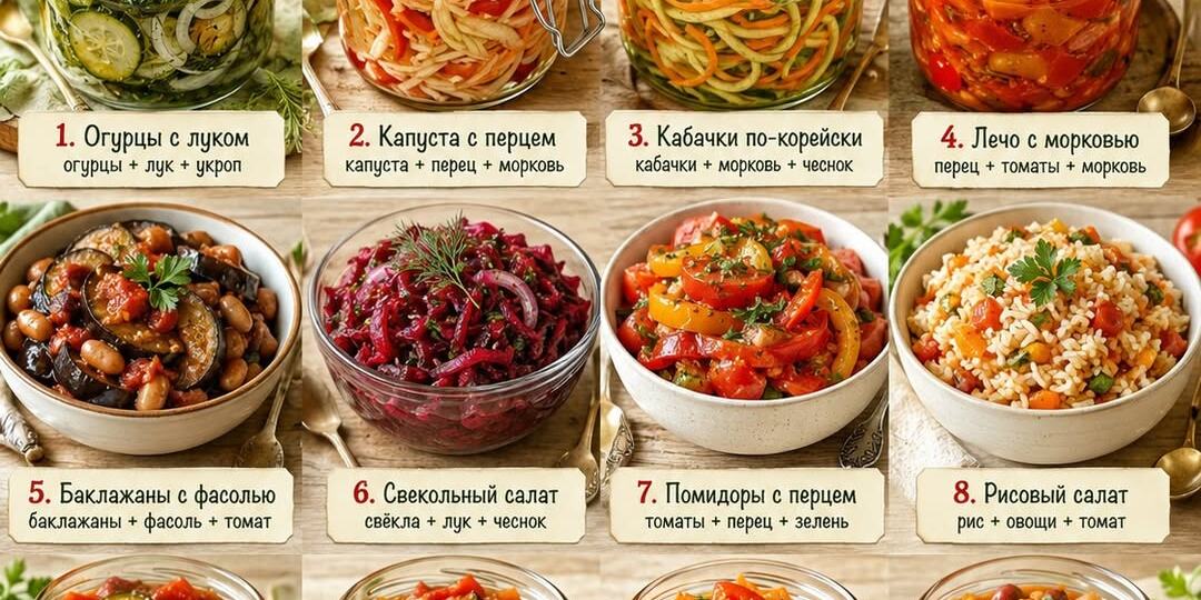 🥫 Когда не знаете, как вкусно сохранить летний урожай: шпаргалка по 12 салатам в банках на зиму