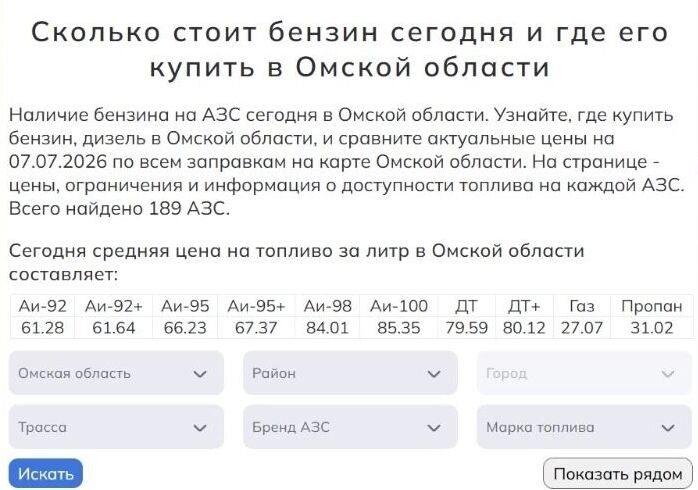   Средняя стоимость топлива в Омской области 7 июля   АЗС-локатор «Russiabase» / russiabase.ru