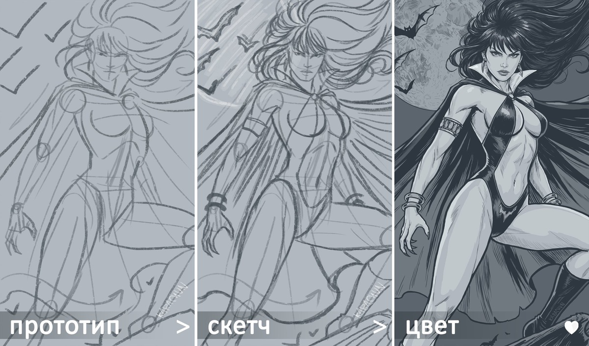 Основные этапы создания фан-арта по Вампирелле в Adobe Photoshop. Работа начинается с простого прототипа - базового болванчика, где части тела намечены максимально простыми формами. Затем на каждом новом слое эскиз постепенно уточняется, прорабатывается и обрастает деталями, превращаясь в полноценный цифровой рисунок
