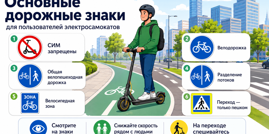 Основные дорожные знаки для пользователей электросамокатов: что разрешено, а где придётся спешиться