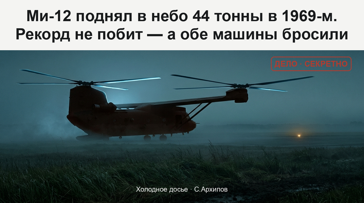 Крупнейший вертолёт мира в вечернем тумане — силуэт, который за полвека никто не повторил.