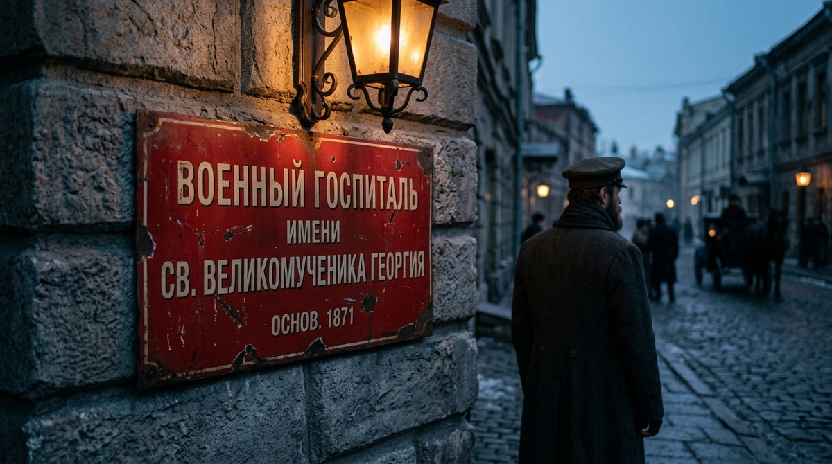 Красная вывеска горит над входом, а хирург в сюртуке — лишь тень со спины: имя институту дали через девятнадцать лет после его смерти.
