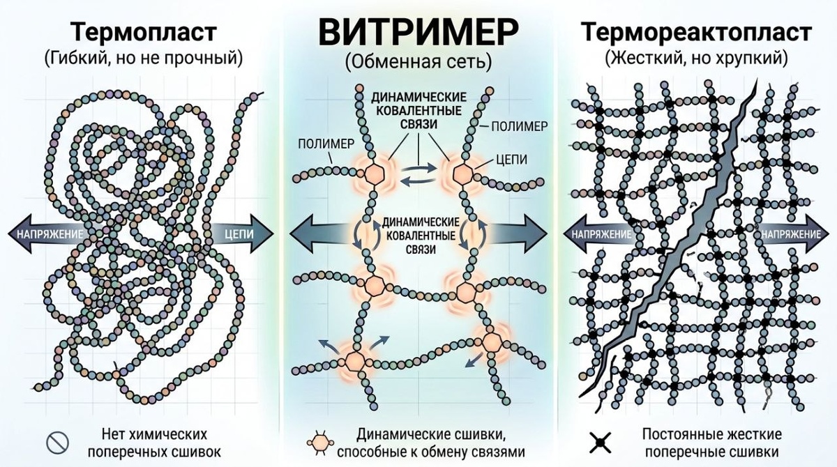 Обычные пластики вынуждают выбирать между гибкостью и прочностью, но витримеры, к которым относится ATSP, сумели объединить эти качества благодаря динамическим связям, способным обмениваться при нагреве без разрушения всей сетки.