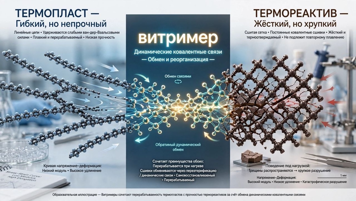 Обычные пластики вынуждают выбирать между гибкостью и прочностью, но витримеры, к которым относится ATSP, сумели объединить эти качества благодаря динамическим связям, способным обмениваться при нагреве без разрушения всей сетки.