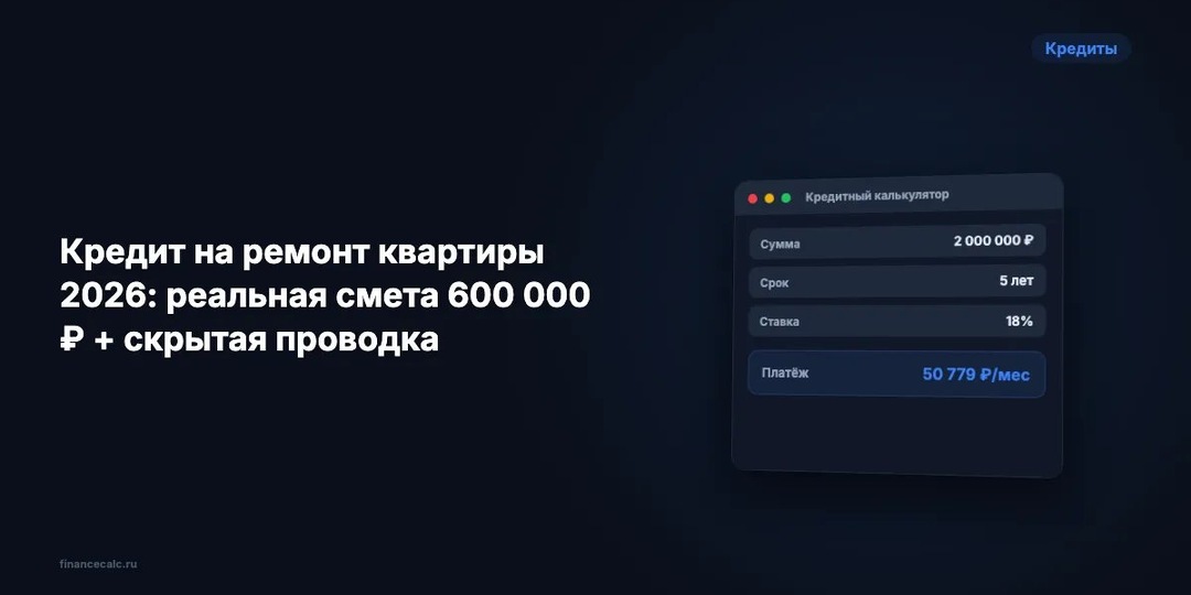 Кредит на ремонт 2026: смета от 600 000 ₽ и проводка
