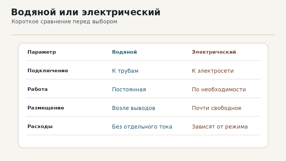 Водяная модель лучше подходит для постоянной работы при готовых выводах, электрическая — для независимого включения и свободного размещения.