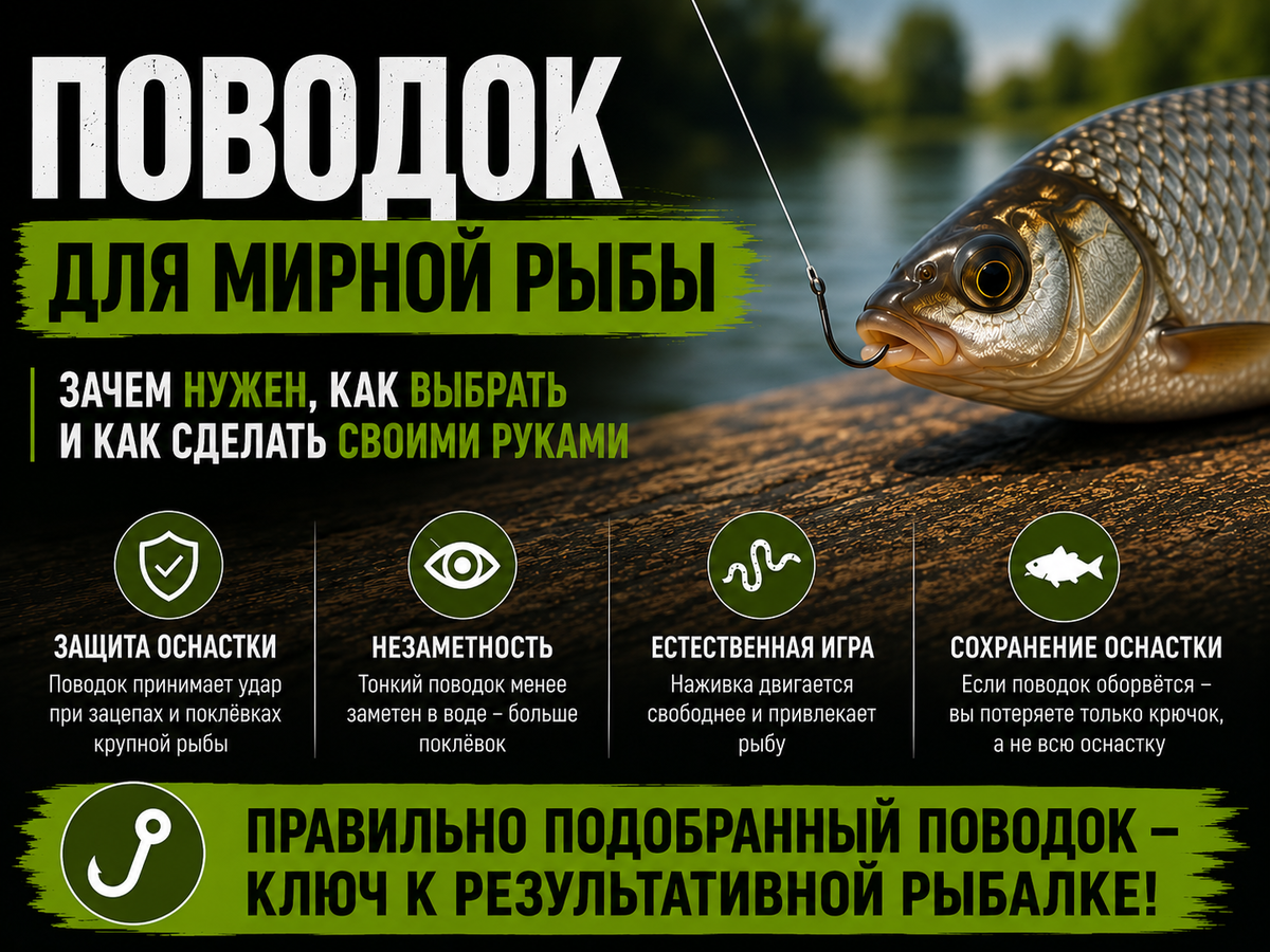 Оснастка удочки с тонким поводком на фоне природы
