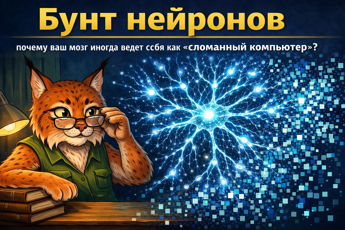 Иллюстрация: Наша фирменная рысь в очках-бифокалах изучает нейронную сеть, которая частично «рассыпается» на пиксели.