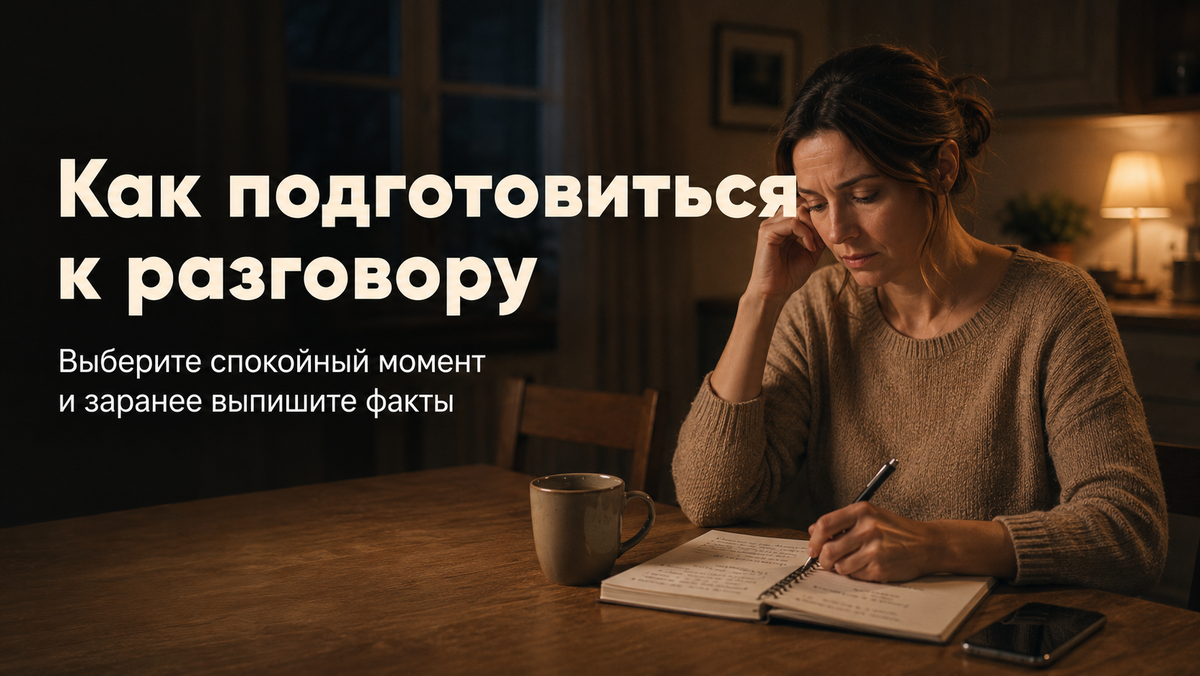 Перед разговором стоит выписать конкретные факты, выбрать момент, когда человек трезв, и продумать реалистичное предложение. Такая подготовка помогает не перейти на крик и взаимные упрёки