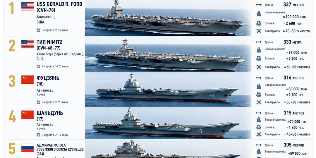 Топ-5 самых длинных авианосцев мира: гигантские корабли размером с небольшой город