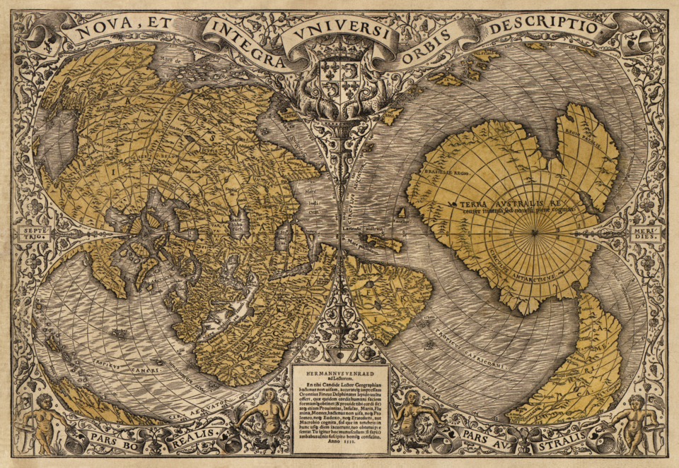Карта мира Оронция Финея, 1531 год. На ней изображена предполагаемая Южная земля. Oronce Finé / Library of Congress. CC BY-SA 4.0.