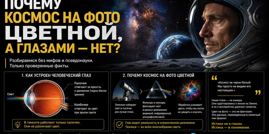 Почему космос на фото цветной, а глазами - нет?
