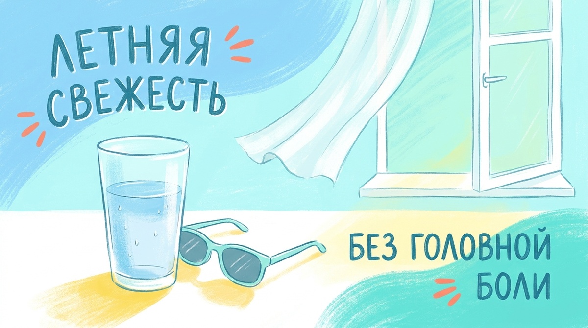 Стакан воды, солнечные очки и открытое окно с лёгкой занавеской на светлом летнем фоне - три простых элемента против летней головной боли