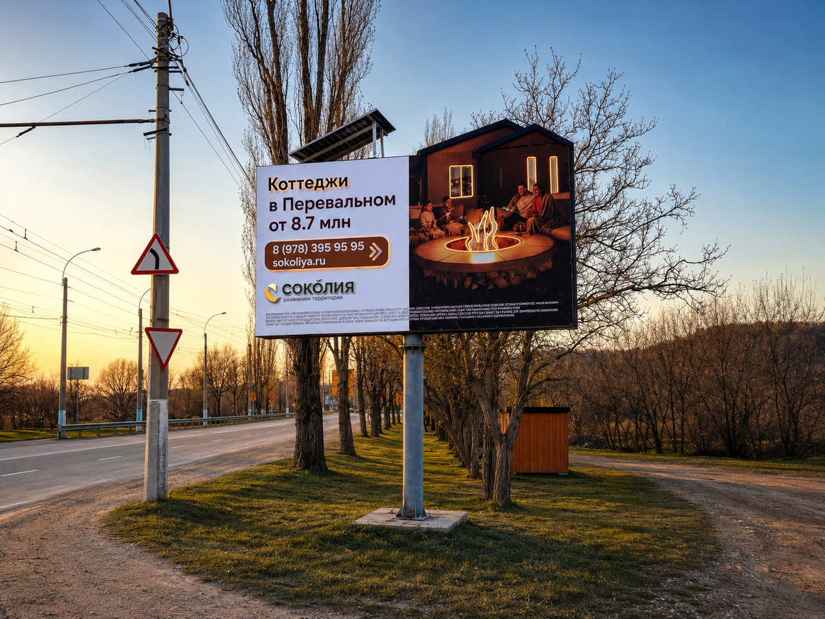 Наружная реклама коттеджного посёлка «Соколия» на билборде у трассы в Перевальном