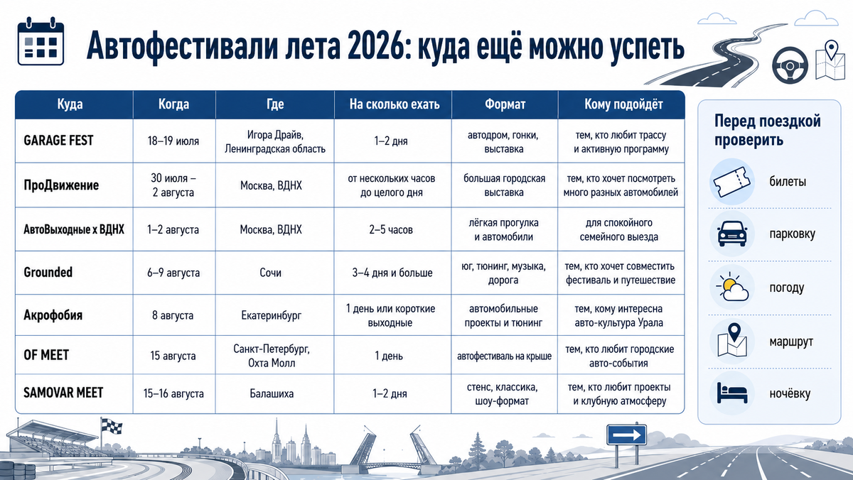 Автофестивали России летом 2026: куда ещё можно успеть ради машин, дороги и атмосферы