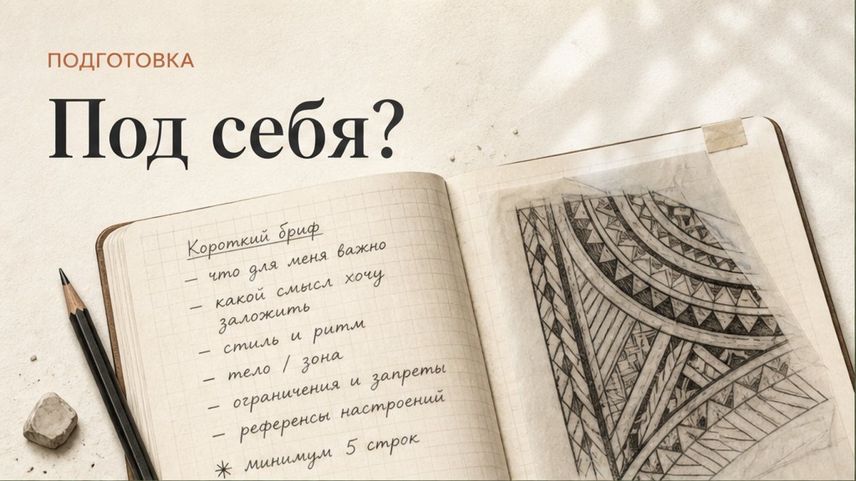    Обложка: открытая тетрадь с брифом и фрагмент чёрного орнамента — «Под себя?» Анастасия Барченко
