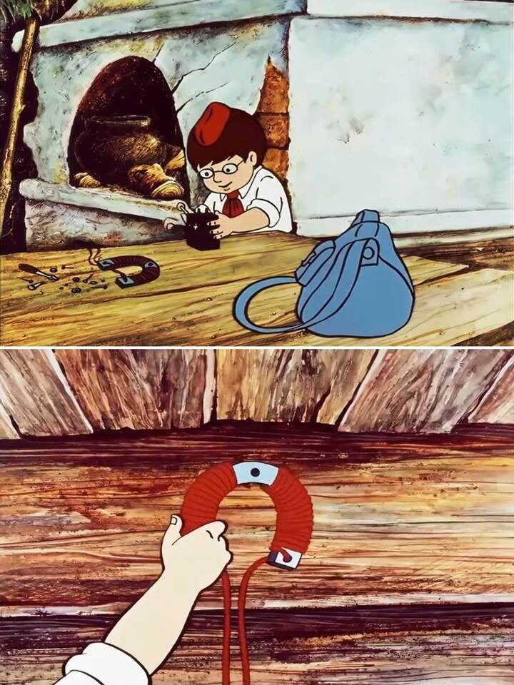 В мультфильме «Ивашка из Дворца пионеров» (1981), пионер победил Кощея Бессмертного с помощью самодельного электромагнита – используя подкову, проволоку и динамомашину. Мощный магнит притянул Кощея и тот не смог вырваться.