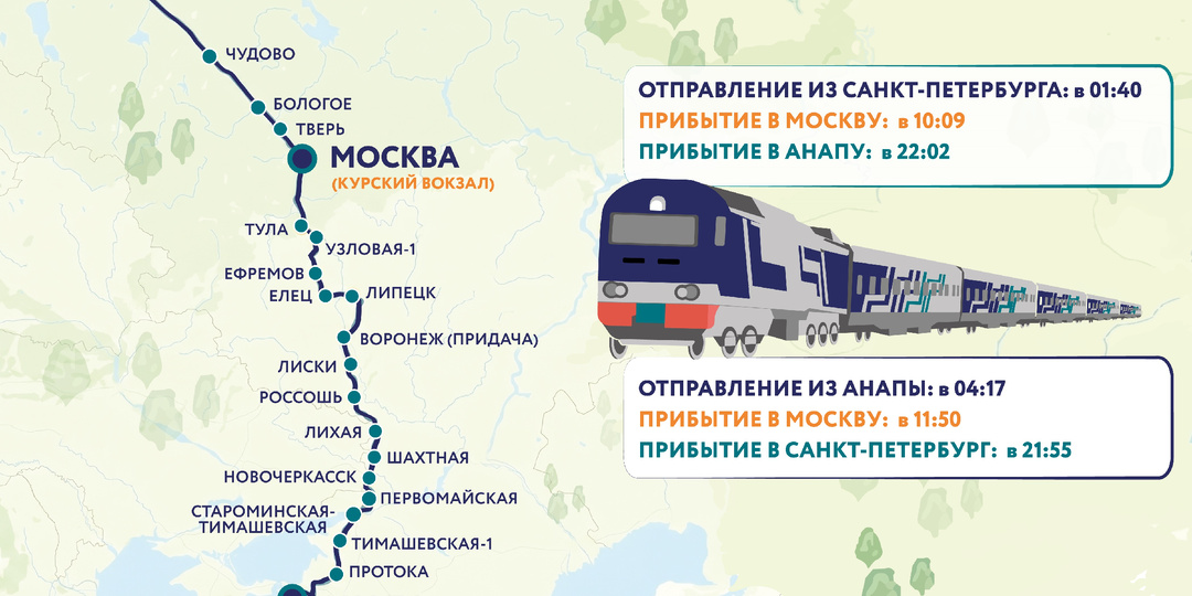 Новый поезд №177/178 компании «Гранд Сервис Экспресс» сообщением Санкт-Петербург – Москва – Анапа отправился в первый рейс.