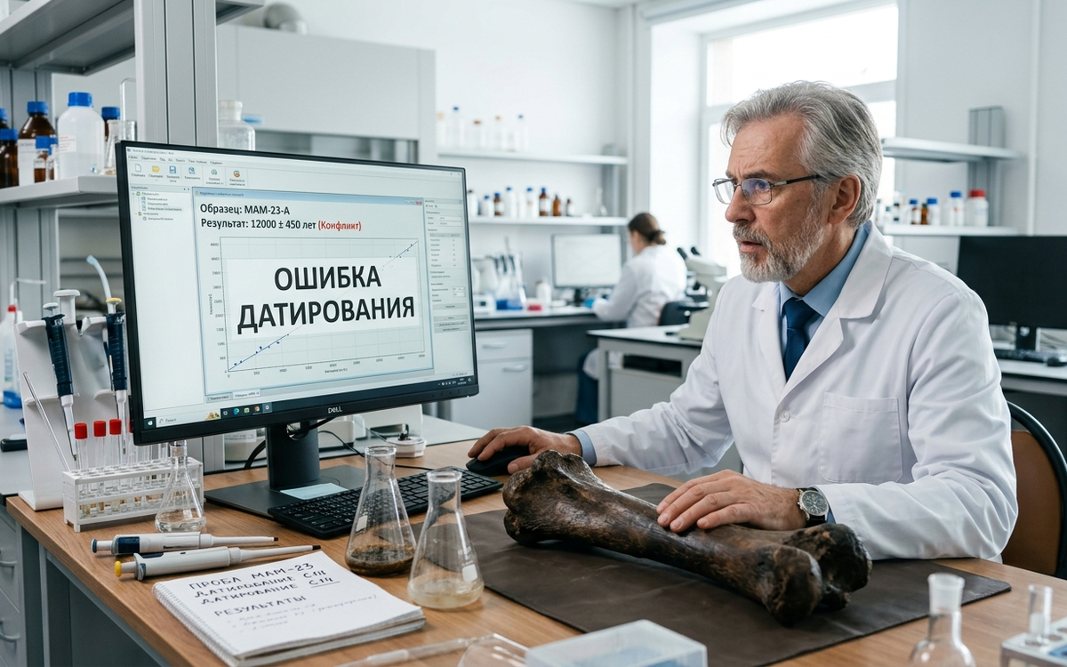 Радиоуглеродный метод совершил революцию, но чем больше костей исследуют ученые, тем чаще результаты датирования выдают парадоксальные «сбои», ломающие привычную хронологию. Иллюстрация Gemini AI.