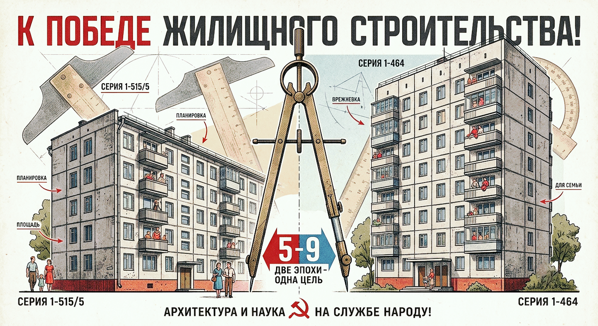 Художественный коллаж в стиле советского плаката. На одной стороне — панельная 5 этажка, на другой — 9 этажка. На заднем плане — очертания советских чертежных инструментов (циркуль, линейка). Цветовая гамма: приглушенные тона, винтажная бумага, высокая детализация.