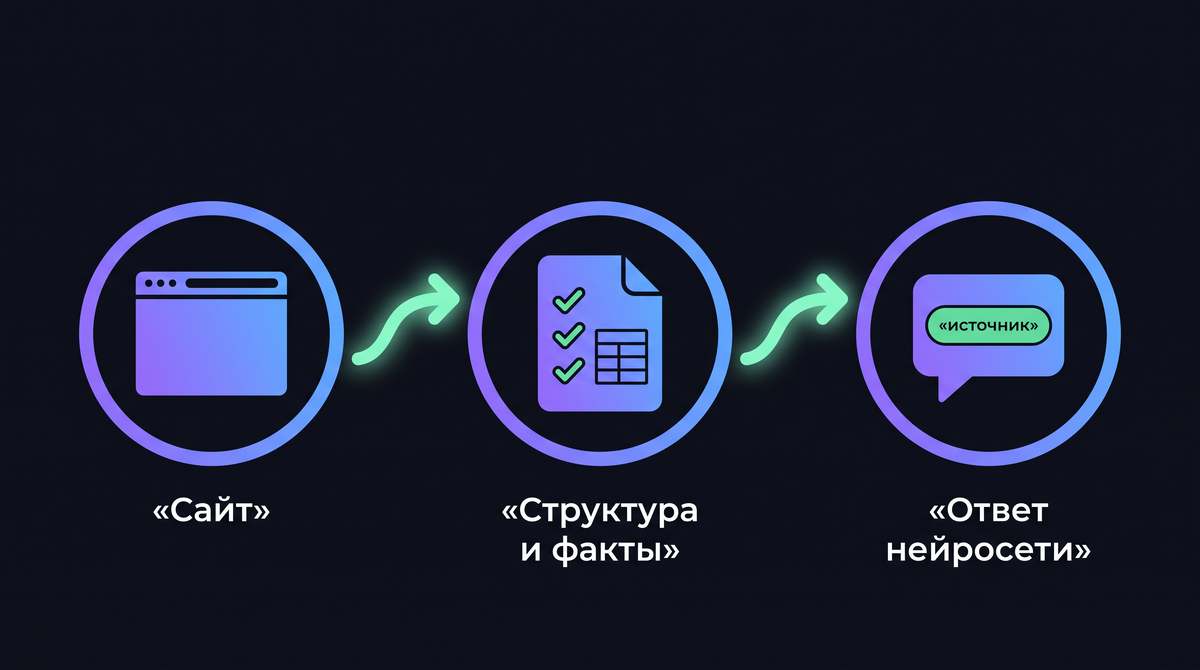 Как работает цитирование: сайт → структура и факты → ответ нейросети со ссылкой на источник.