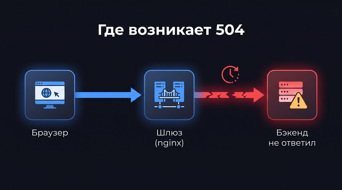 Браузер обращается к шлюзу, тот — к бэкенду; если ответа нет вовремя, шлюз отдаёт 504.