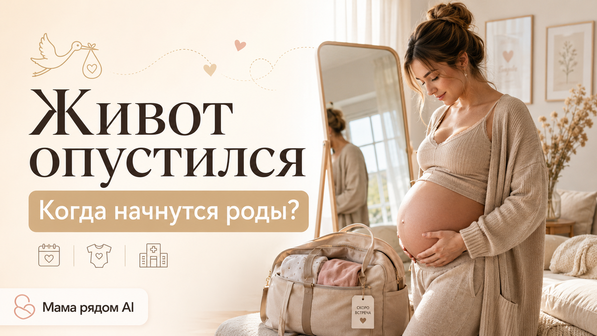 Беременная женщина на позднем сроке рассматривает живот перед зеркалом, рядом стоит собранная сумка в роддом