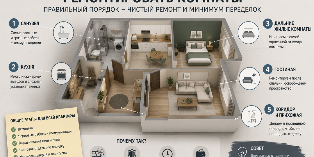 В какой последовательности ремонтировать комнаты, чтобы не переделывать работу дважды