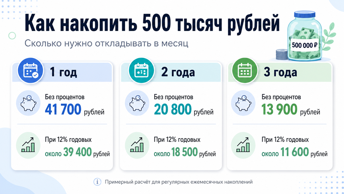    "Сколько нужно откладывать каждый месяц, чтобы накопить 500 тысяч рублей за один, два или три года, и как проценты по вкладу помогают снизить ежемесячный взнос. ИИ-иллюстрация: создано с использованием ChatGPT (OpenAI)"