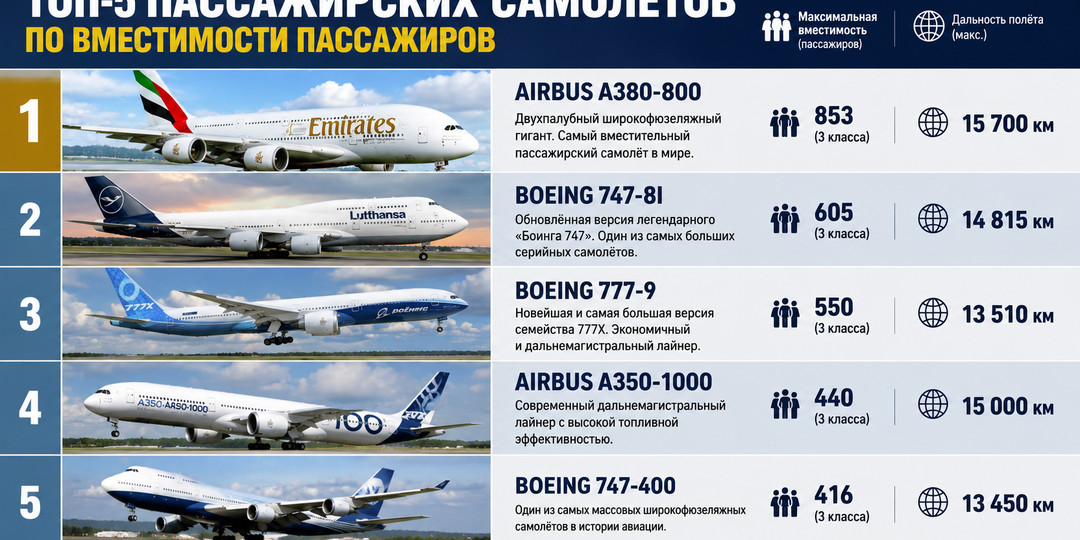 Топ-5 пассажирских самолётов по вместимости: воздушные гиганты, способные перевезти целый посёлок