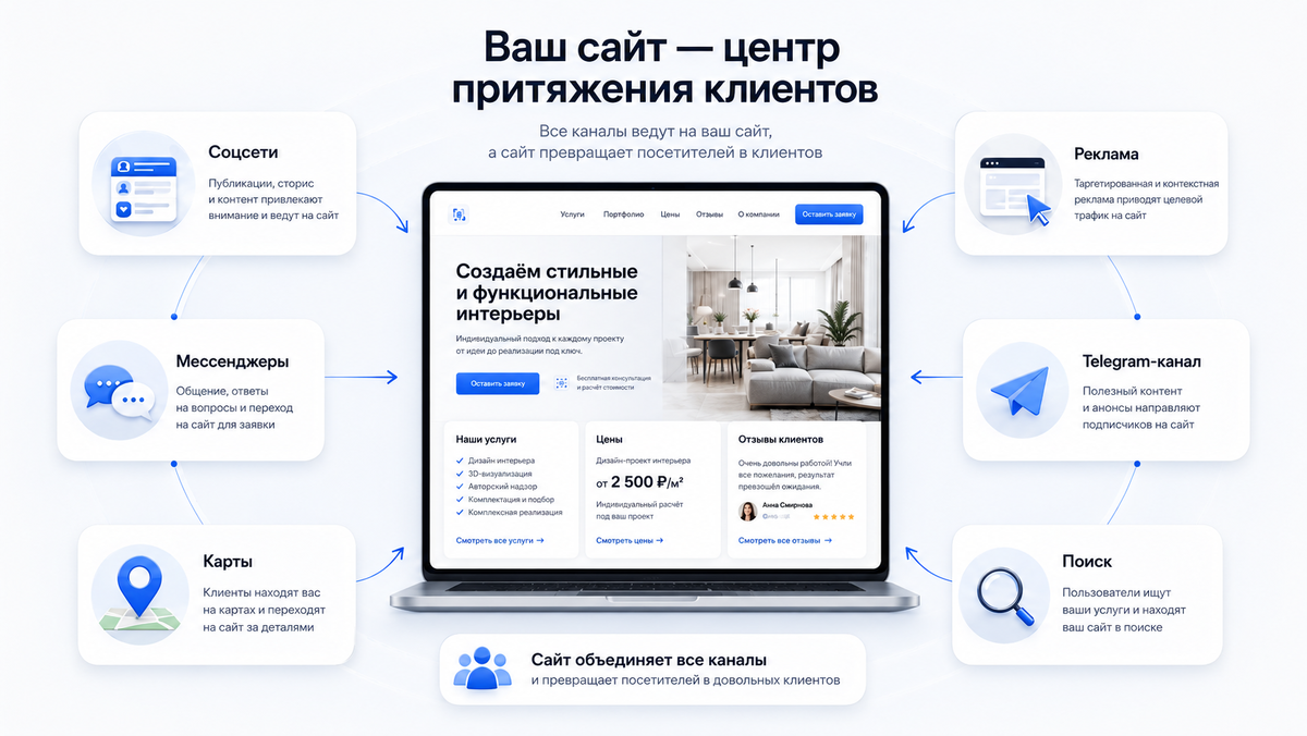 Сайт может стать центральной точкой, куда ведут все рекламные каналы.